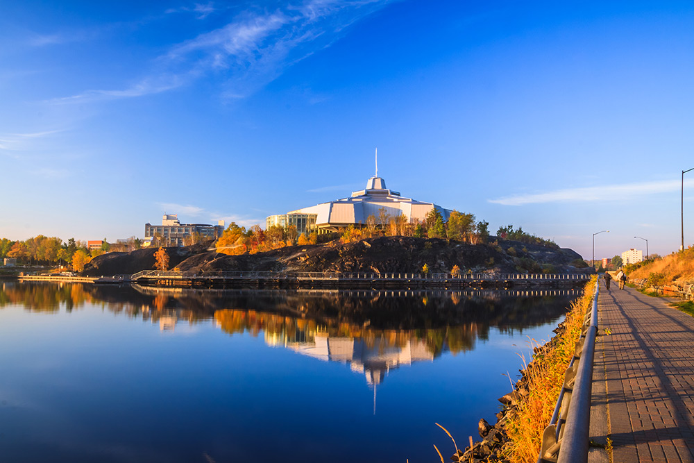 A view of Science North, Ramsey Lake and Bell Park in Sudbury, Ontario.