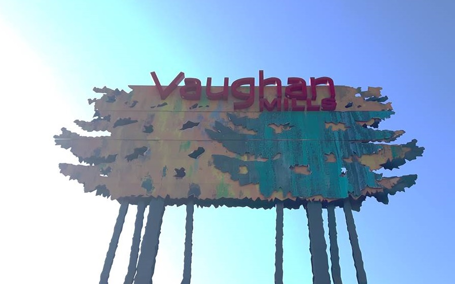 Welcome sign above Entrance 2 at Vaughan Mills mall in Ontario.