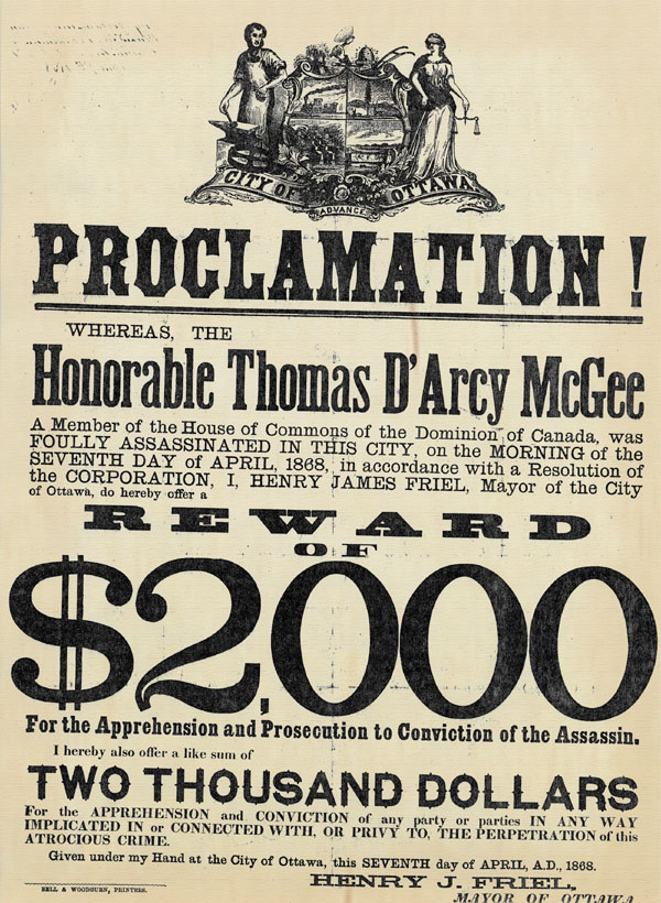 Wanted poster for the assassin of Thomas D'Arcy McGee, 7 April 1868.