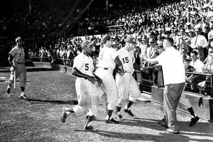 Jack Kent Cooke, owner of the Toronto Maple Leafs, at Maple Leaf Stadium in  1950s.