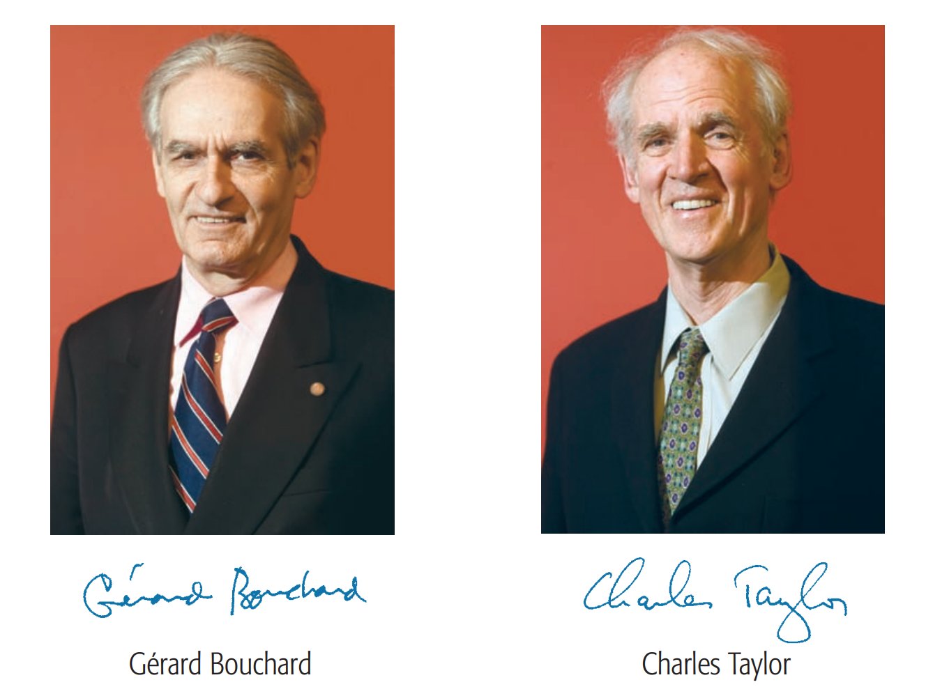 Two portraits with red backgrounds. Gérard Bouchard is on the left while Charles Taylor is on the right.