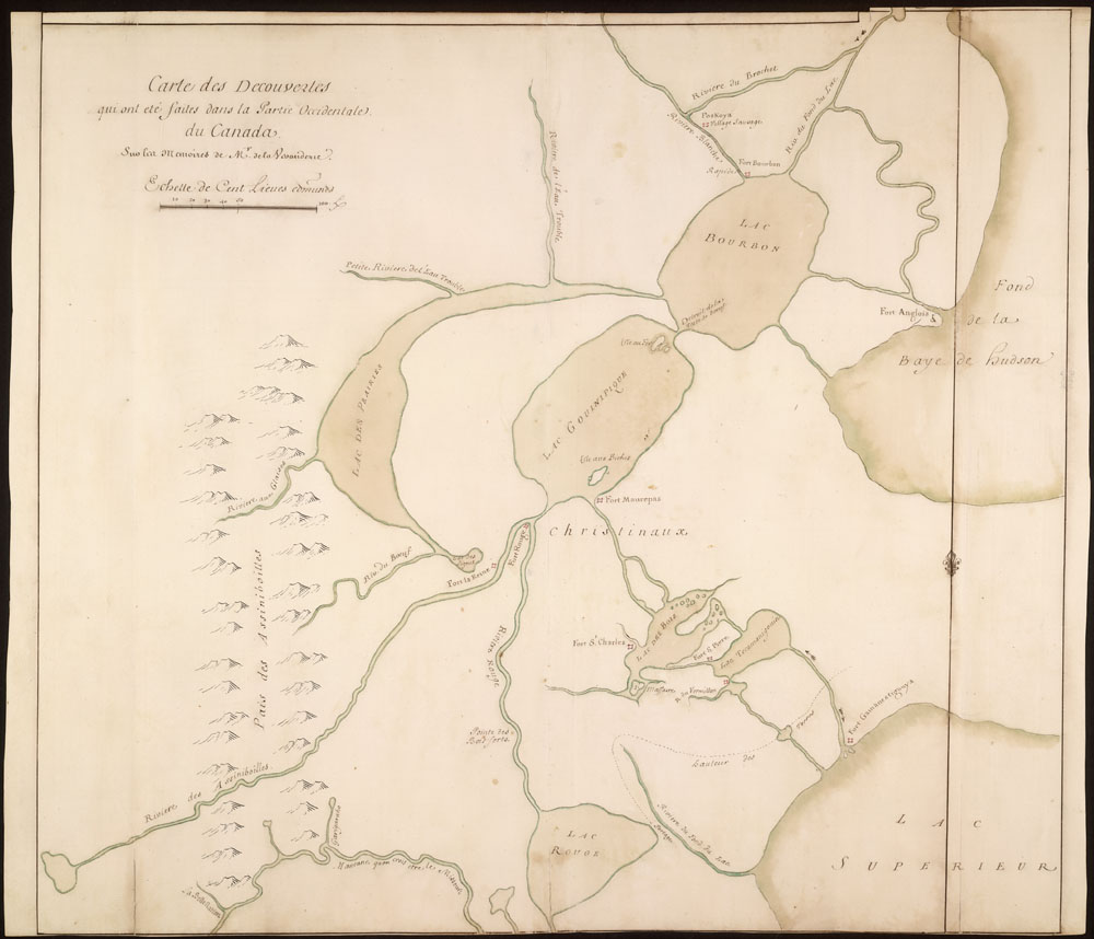 Carte de Jacques-Nicolas Bellin et de Pierre Gaultier de Varennes et de La Vérendrye représentant le Canada à l’ouest du lac Supérieur (1752)