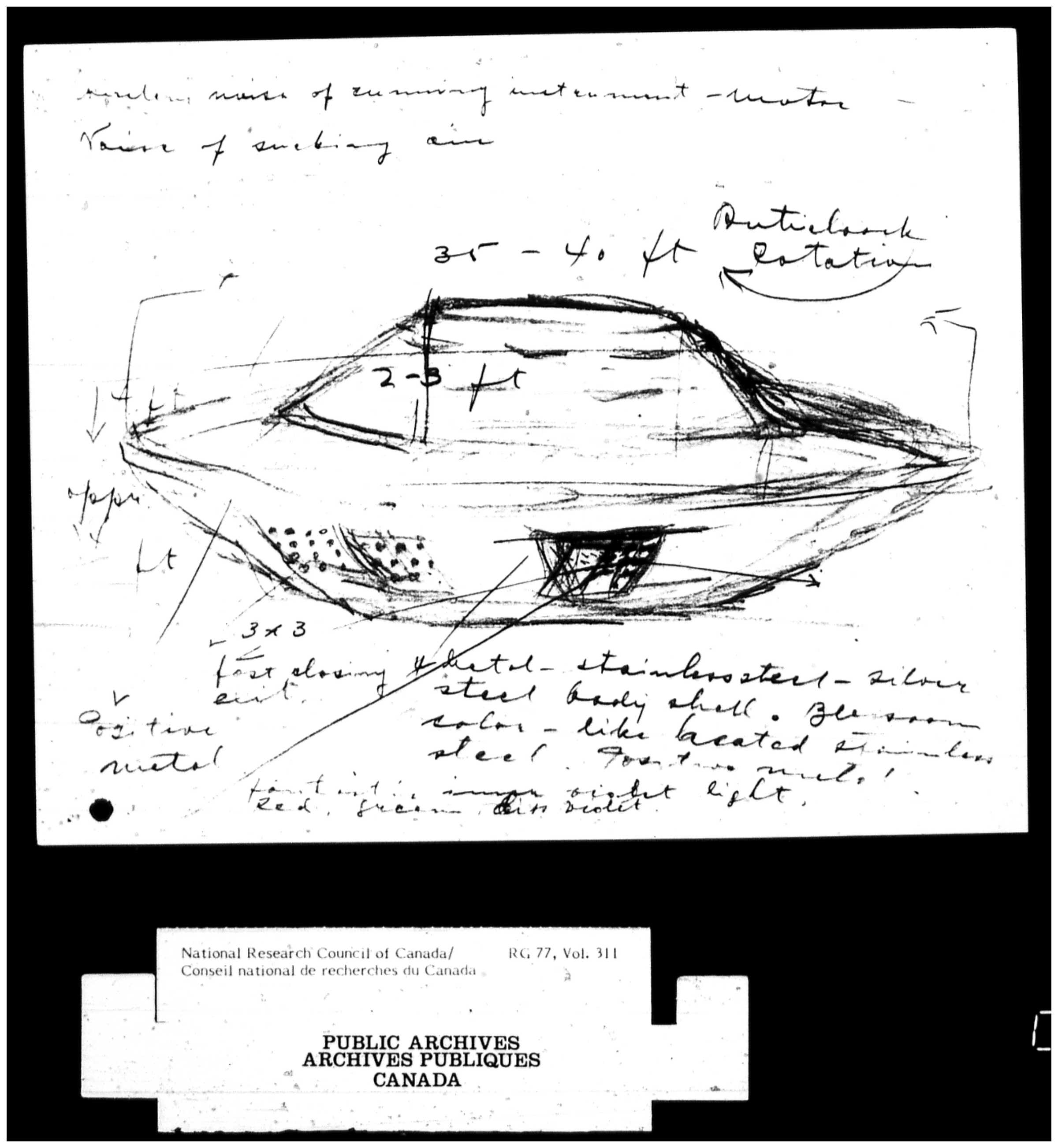 Croquis de la soucoupe volante, d’après le témoignage de Stefan Michalak de sa rencontre d’un ovni à Falcon Lake, Manitoba, en 1967