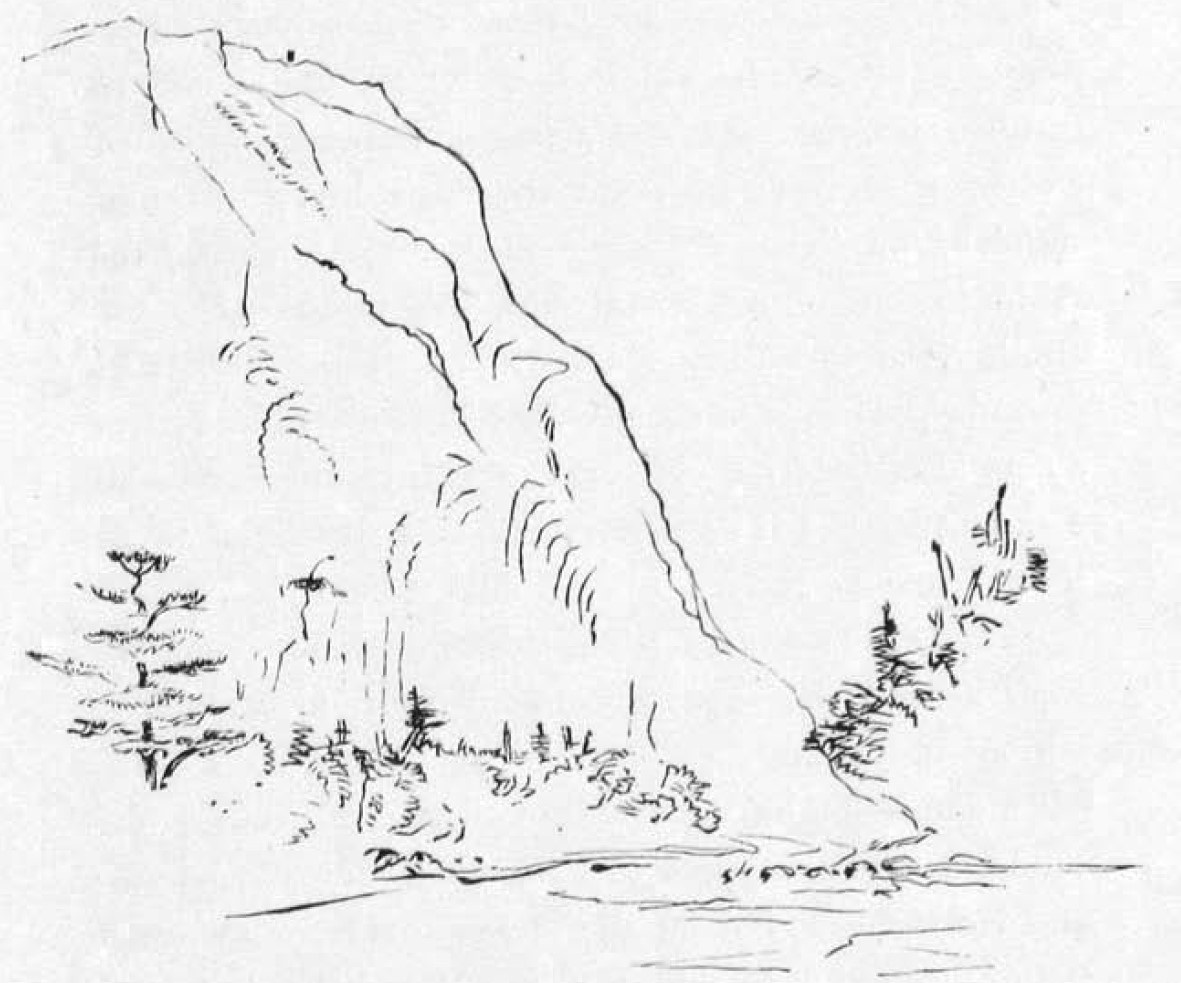 Illustration du mont Nicol-Albert par sir William E. Logan (1844) Illustration à l’encre sur papier d’un flanc de montagne.