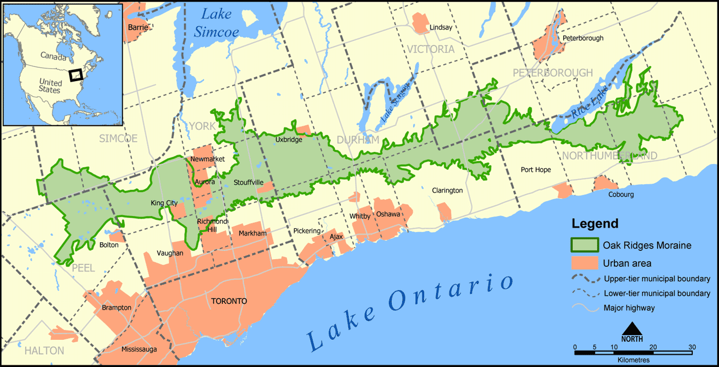 Oak Ridges Moraine Map Map showing the extent of the Oak Ridges Moraine in southern Ontario.