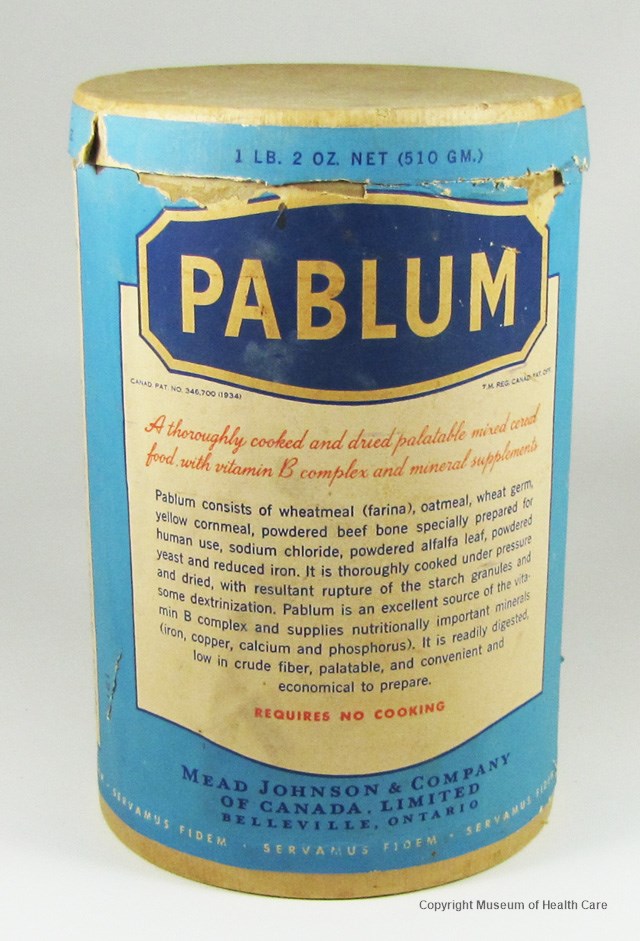 Boîte de Pablum avec couvercle amovible, vers 1930‑1940.