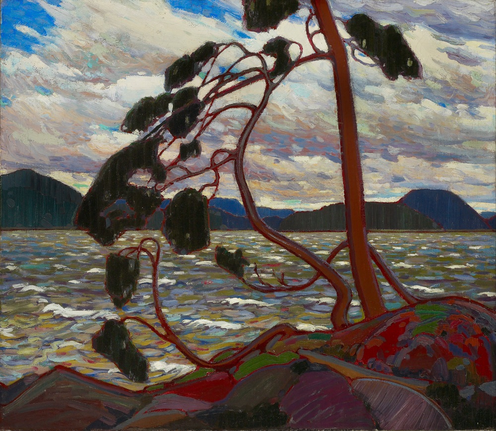 The West Wind by Tom Thompson Artwork by Tom Thompson showing a pine in front of a lake.