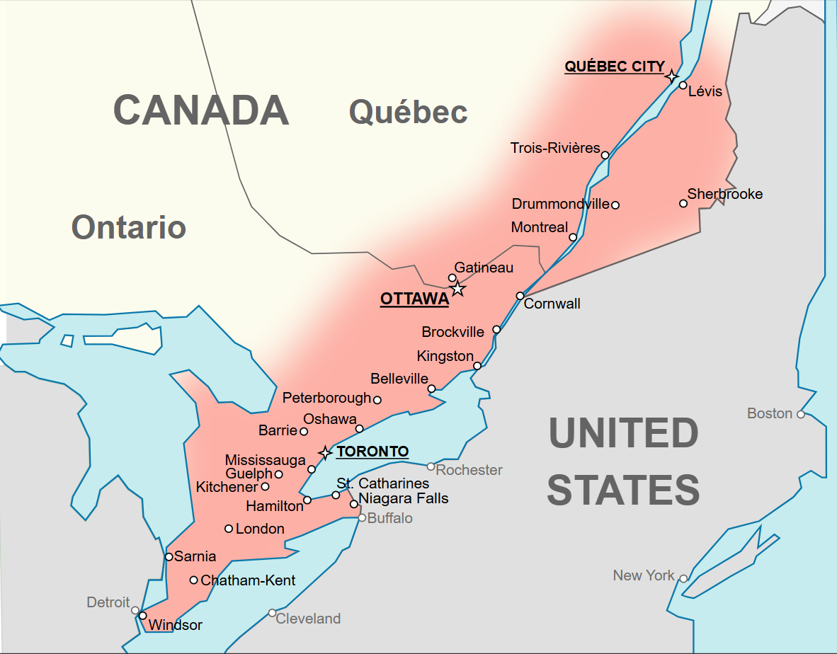 Carte du corridor Québec-Windsor Carte de la région qui délimite le corridor Québec-Windsor.