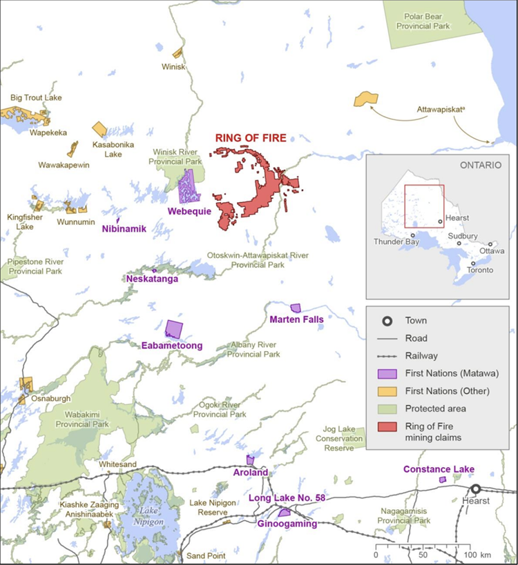 Map showing the Indigenous communities and protected areas near the Ring of Fire in Northern Ontario.