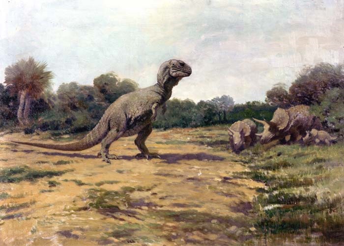 <p><em> T. rex</em> Illustration by Charles Robert Knight (1919)</p> Old T. rex illustration.