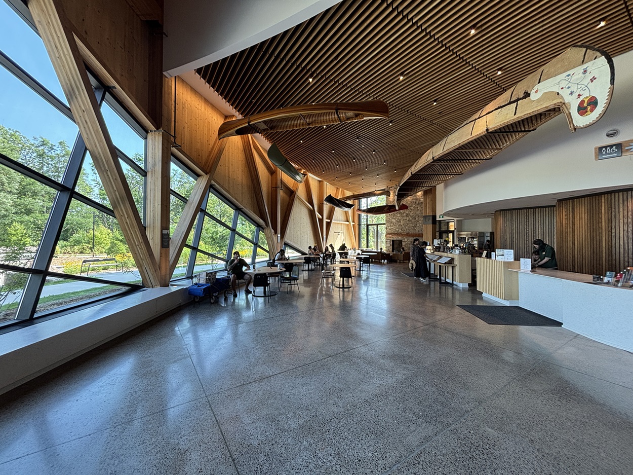 Canadian Canoe Museum Lobby Open area with canoes hanging from the ceiling