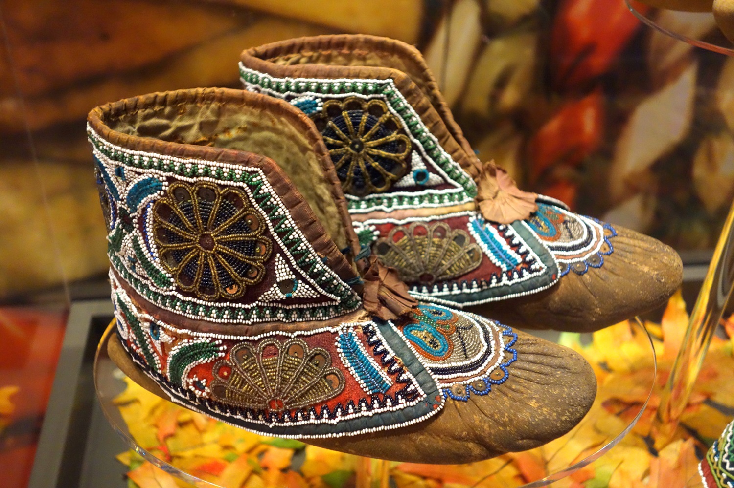 Wendat Moccasins at the Bata Shoe Museum Moccasins with intricate beadwork.