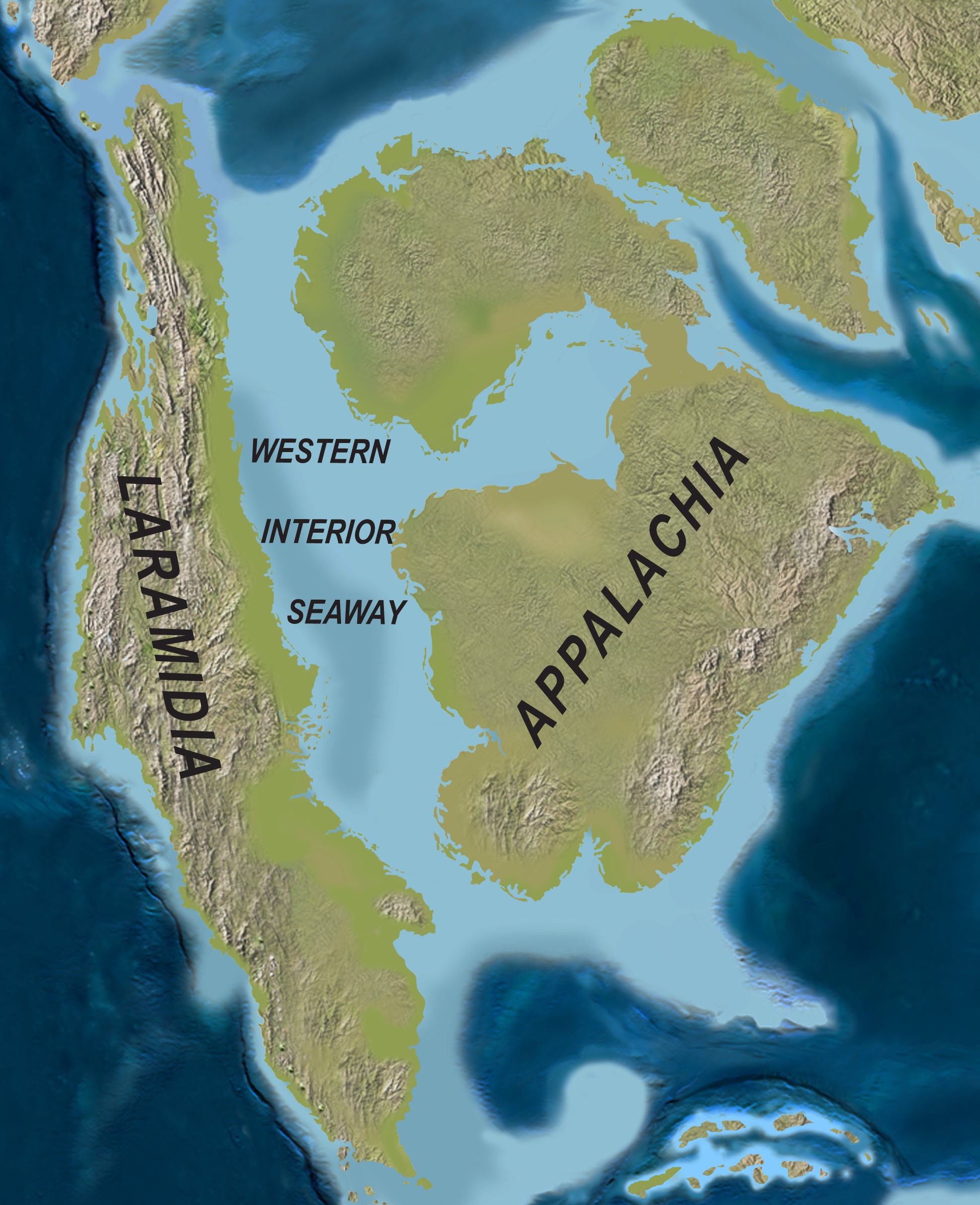Western Interior Seaway Map of North America with an inland sea stretching from the Arctic Ocean to the Gulf of Mexico.